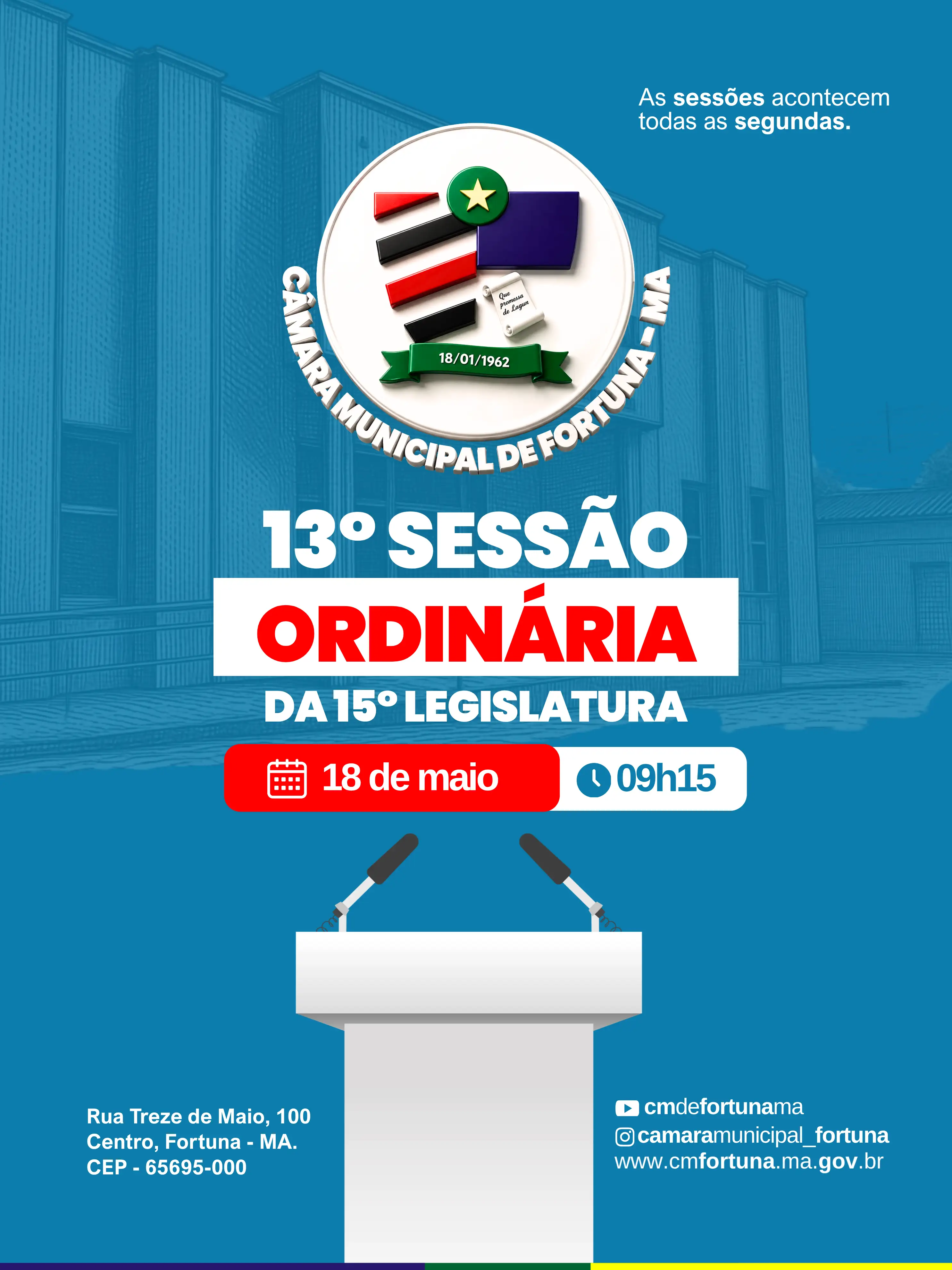 Câmara Municipal de Fortuna realizará a 13ª Sessão Ordinária da 15ª Legislatura nesta segunda-feira (18)